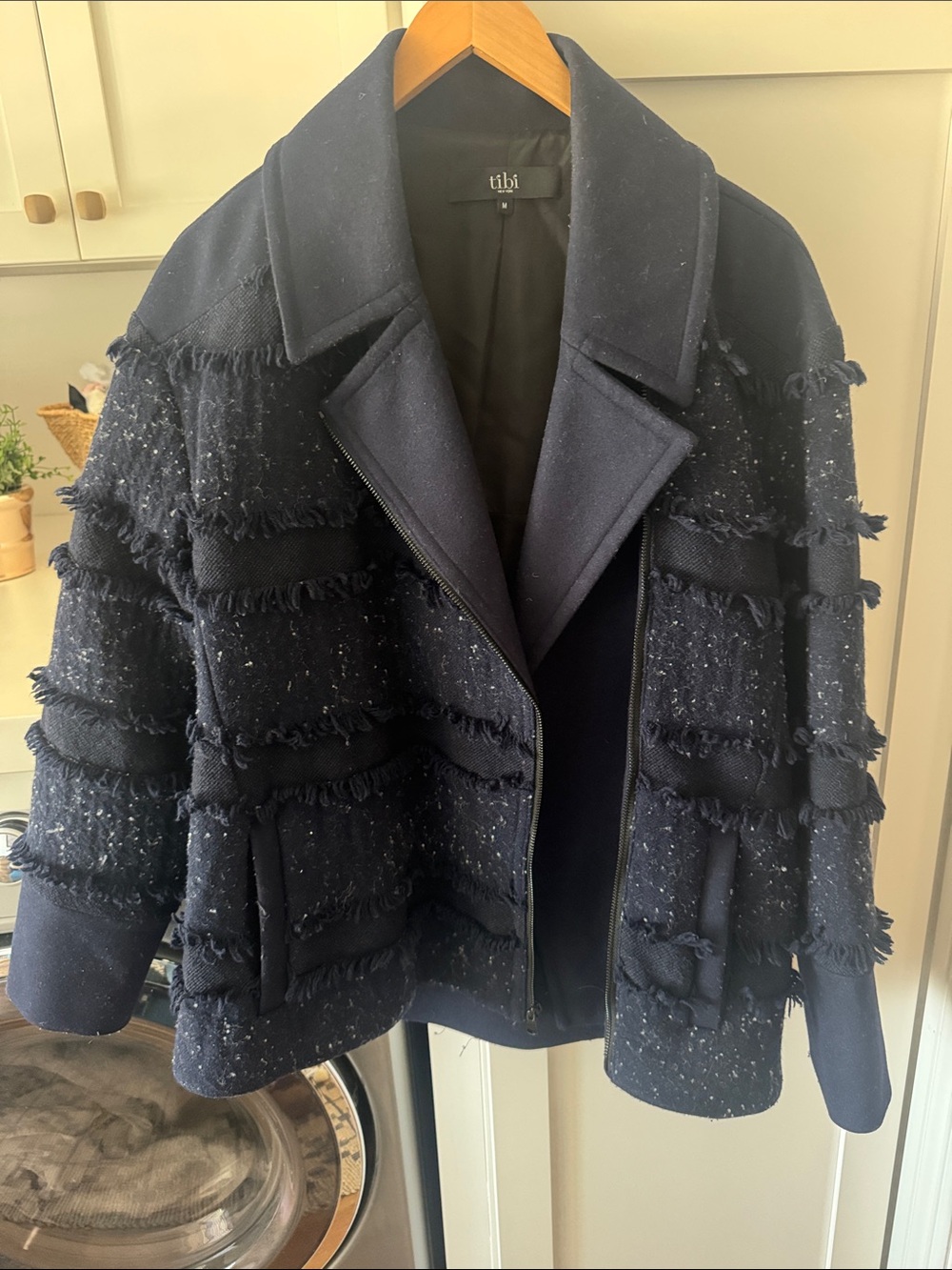 Tibi Navy Fringe-Trim Zip Bomber Jacket